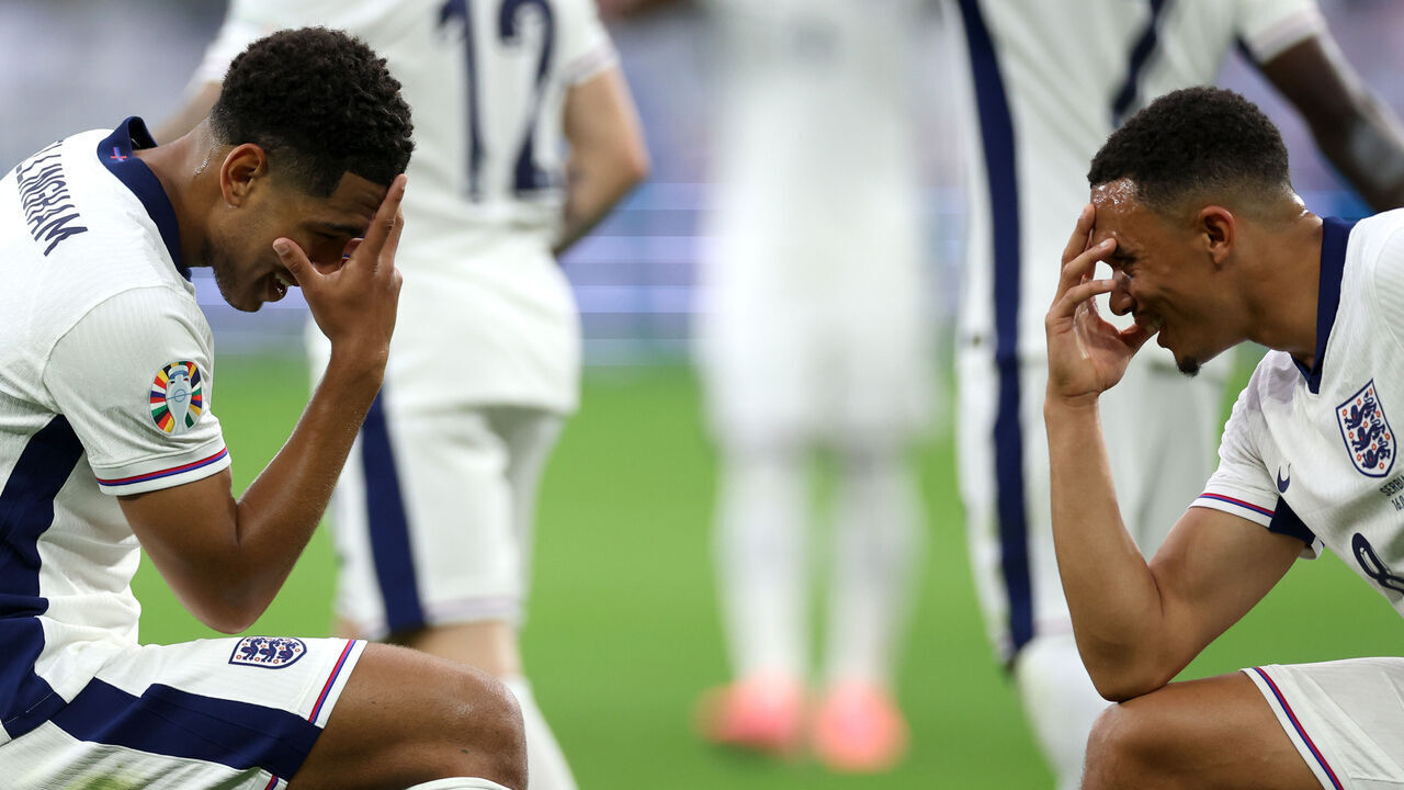 GELSENKIRCHEN, GERMANY - JUNE 16: Jude Bellingham of England celebrates scoring his team's first goal with teammate Trent Alexander-Arnold during the UEFA EURO 2024 group stage match between Serbia and England at Arena AufSchalke on June 16, 2024 in Gelsenkirchen, Germany.