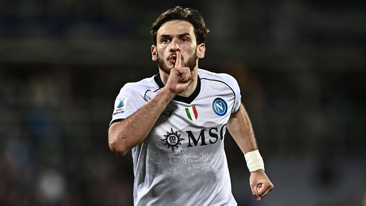 FLORENCE, ITALY - MAY 17: Khvicha Kvaratskhelia celebrates his goal during the Serie A TIM match between ACF Fiorentina and SSC Napoli at Stadio Artemio Franchi on May 17, 2024 in Florence, Italy.