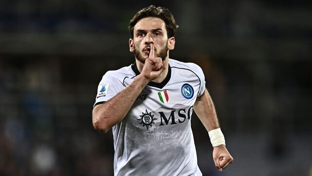 FLORENCE, ITALY - MAY 17: Khvicha Kvaratskhelia celebrates his goal during the Serie A TIM match between ACF Fiorentina and SSC Napoli at Stadio Artemio Franchi on May 17, 2024 in Florence, Italy.