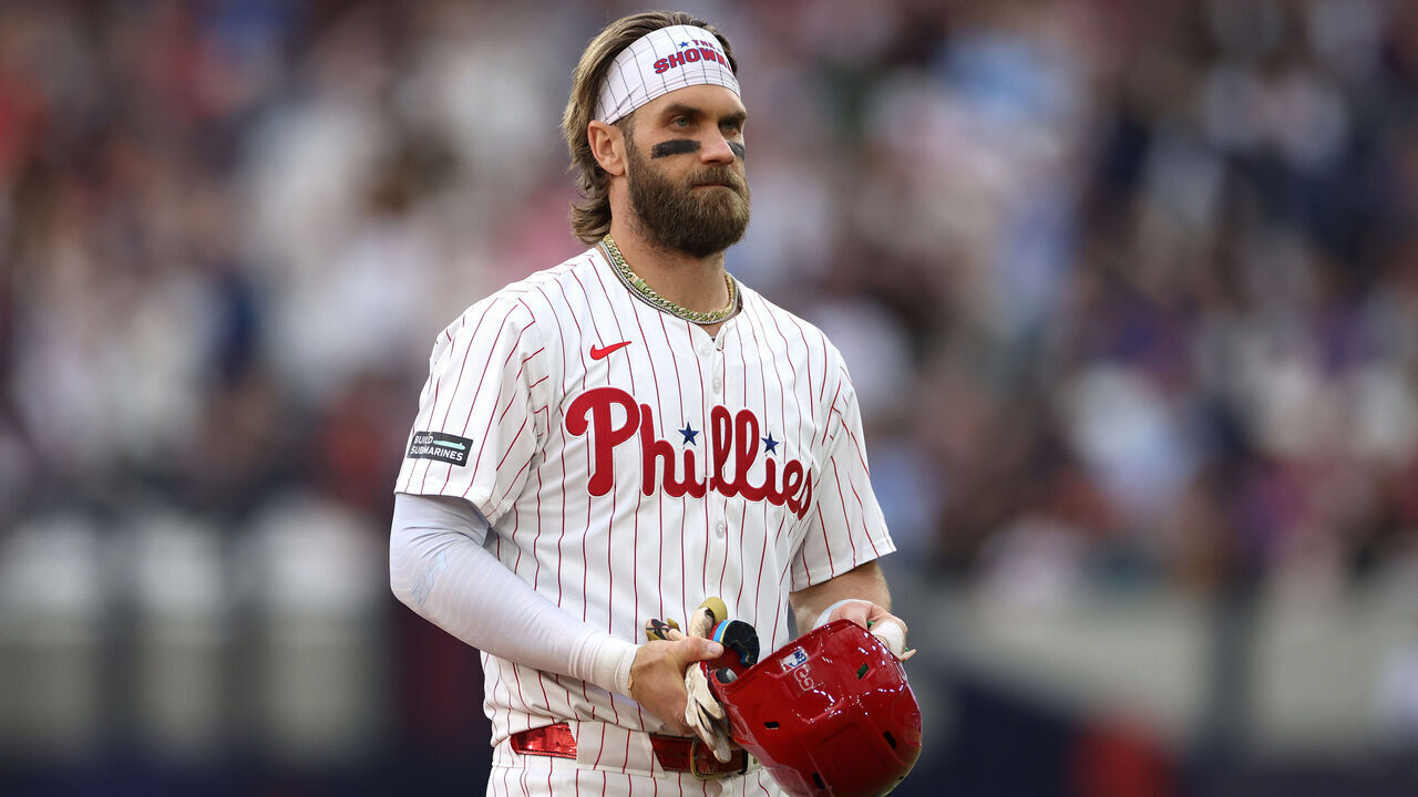 LONDON, ENGLAND - JUNE 09: Bryce Harper #3 of the Philadelphia Phillies reacts during the MLB London Series match between the Philadelphia Phillies and New York Mets at London Stadium at London Stadium on June 09, 2024 in London, England.