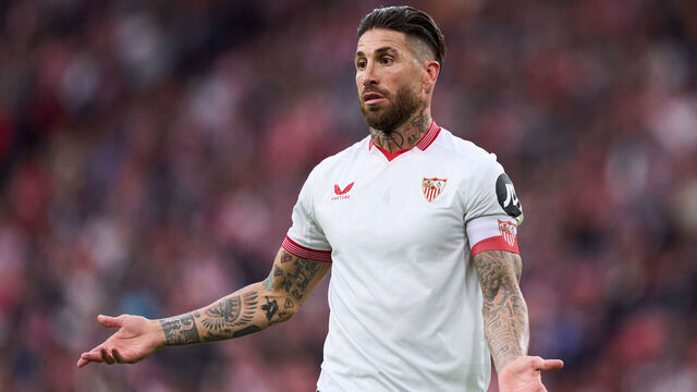 BILBAO, SPAIN - MAY 19: Sergio Ramos of Sevilla FC reacts during the LaLiga EA Sports match between Athletic Bilbao and Sevilla FC at Estadio de San Mames on May 19, 2024 in Bilbao, Spain.