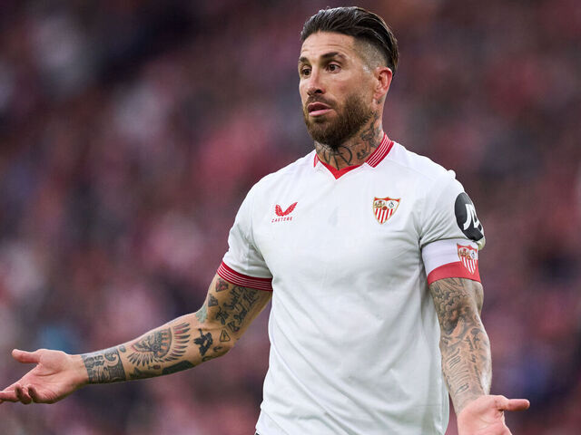 BILBAO, SPAIN - MAY 19: Sergio Ramos of Sevilla FC reacts during the LaLiga EA Sports match between Athletic Bilbao and Sevilla FC at Estadio de San Mames on May 19, 2024 in Bilbao, Spain.