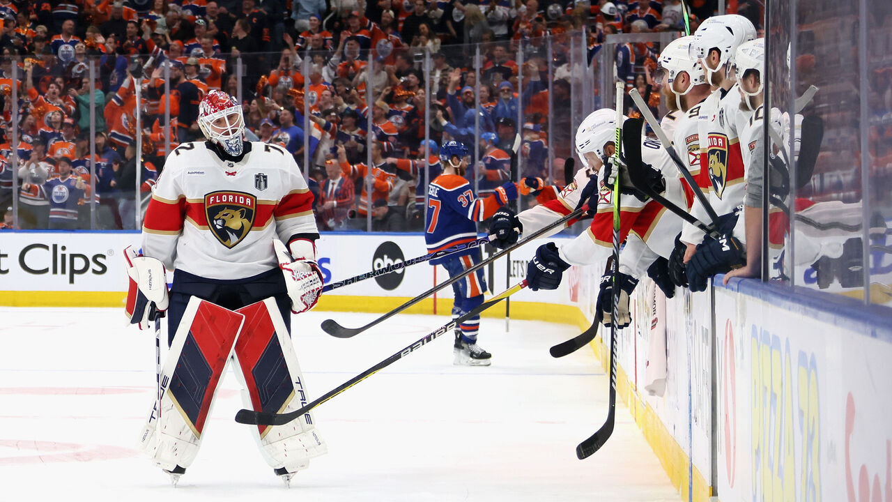 EDMONTON, ALBERTA - JUNE 15: Sergei Bobrovsky #72 of the Florida Panthers is pulled from the net during the second period against the Edmonton Oilers in Game Four of the 2024 Stanley Cup Final at Rogers Place on June 15, 2024 in Edmonton, Alberta. The Oilers defeated the Panthers 8-1.