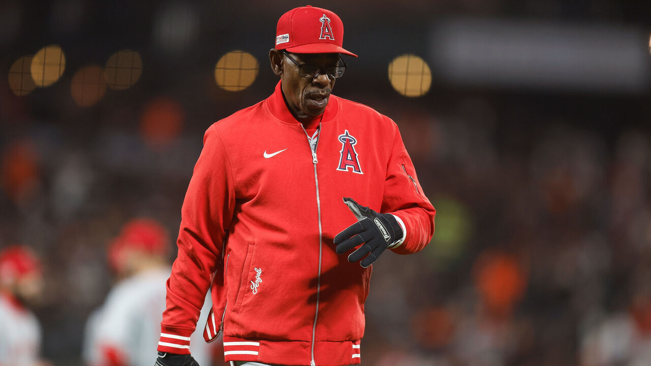 SAN FRANCISCO, CALIFORNIA - JUNE 14: Manager Ron Washington #37 of the Los Angeles Angels walks from the pitcher's mound after making a pitching change against the San Francisco Giants at Oracle Park on June 14, 2024 in San Francisco, California.