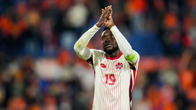 ROTTERDAM, NETHERLANDS - JUNE 6: Alphonso Davies of Canada applauds fans after the international friendly match between Netherlands and Canada at De Kuip on June 6, 2024 in Rotterdam, Netherlands.