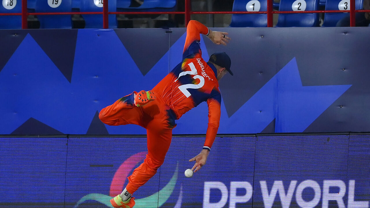 GROS ISLET, SAINT LUCIA - JUNE 16: Sybrand Engelbrecht of Netherlands stops a six on the boundary line during the ICC Men's T20 Cricket World Cup West Indies & USA 2024 match between Sri Lanka and Netherlands at Daren Sammy National Cricket Stadium on June 16, 2024 in Gros Islet, Saint Lucia.