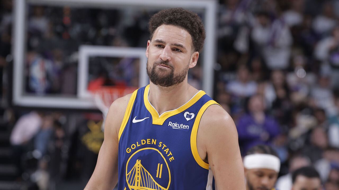 SACRAMENTO, CA - APRIL 16: Klay Thompson #11 of the Golden State Warriors looks on during the game against the Sacramento Kings during the 2024 Play-In Tournament on April 16, 2024 at Golden 1 Center in Sacramento, California. NOTE TO USER: User expressly acknowledges and agrees that, by downloading and or using this photograph, User is consenting to the terms and conditions of the Getty Images Agreement. Mandatory Copyright Notice: Copyright 2024 NBAE