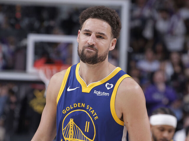 SACRAMENTO, CA - APRIL 16: Klay Thompson #11 of the Golden State Warriors looks on during the game against the Sacramento Kings during the 2024 Play-In Tournament on April 16, 2024 at Golden 1 Center in Sacramento, California. NOTE TO USER: User expressly acknowledges and agrees that, by downloading and or using this photograph, User is consenting to the terms and conditions of the Getty Images Agreement. Mandatory Copyright Notice: Copyright 2024 NBAE
