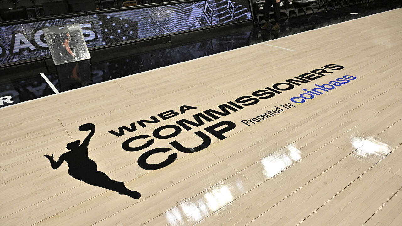 LAS VEGAS, NV - JUNE 7: A view of the WNBA Commissioner's Cup logo before the Seattle Storm game against the Las Vegas Aces during the 2024 WNBA Commissioner's Cup on June 7, 2024 at Michelob ULTRA Arena in Las Vegas, Nevada. Mandatory Copyright Notice: Copyright 2024 NBAE