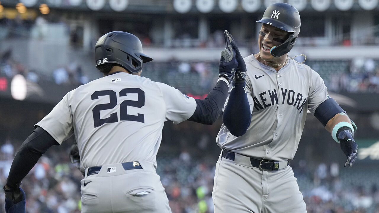 SAN FRANCISCO, CALIFORNIA - JUNE 01: Aaron Judge #99 and Juan Soto #22 of the New York Yankees celebrates after Judge hit a two-run home run against the San Francisco Giants in the top of the first inning at Oracle Park on June 01, 2024 in San Francisco, California.
