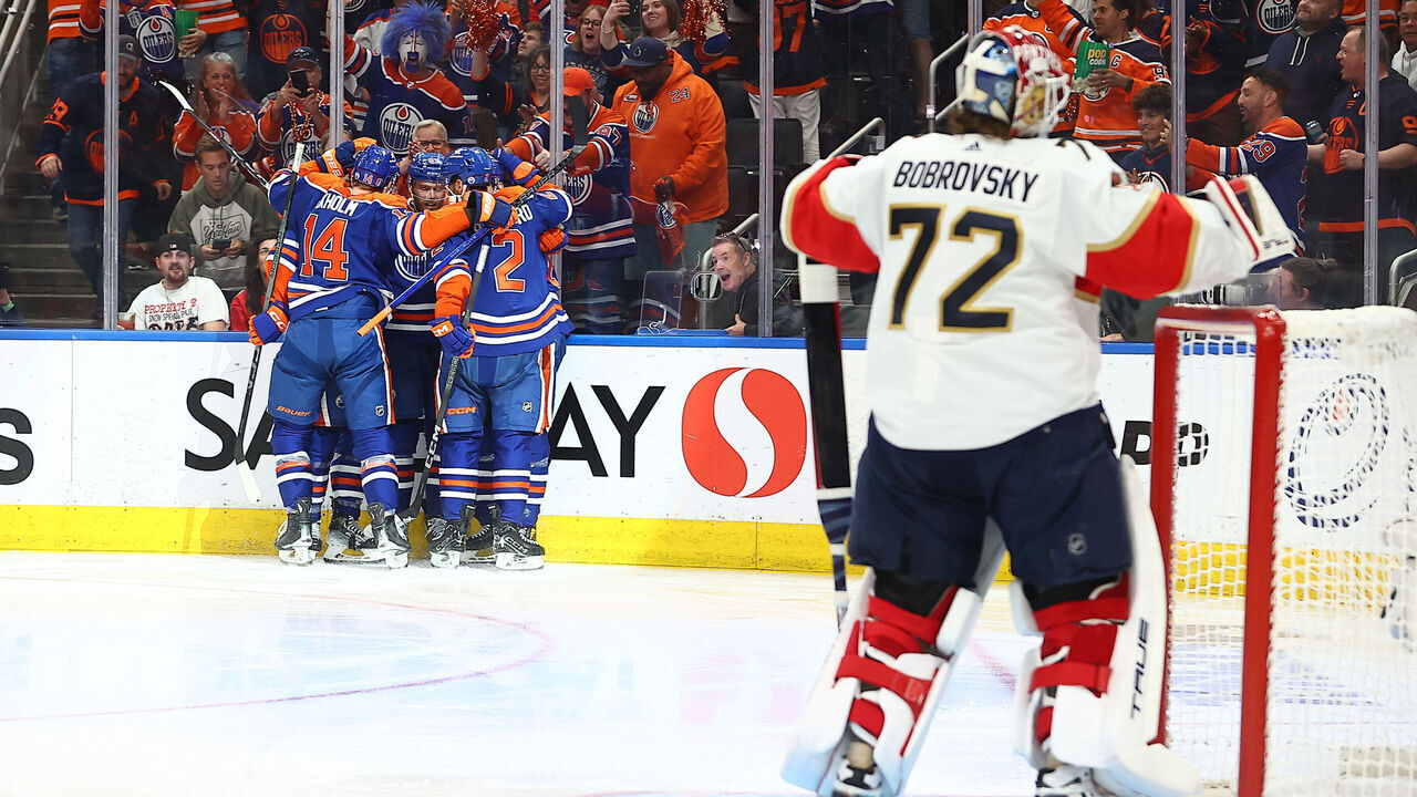 EDMONTON, AB - JUNE 15 : Edmonton Oilers Center Connor McDavid (97) scores a goal on Florida Panthers Goalie Sergei Bobrovsky (72) in the second period of game four of the Stanley Cup Final Round Edmonton Oilers game versus the Florida Panthers on June 15, 2024 at Rogers Place in Edmonton, AB.