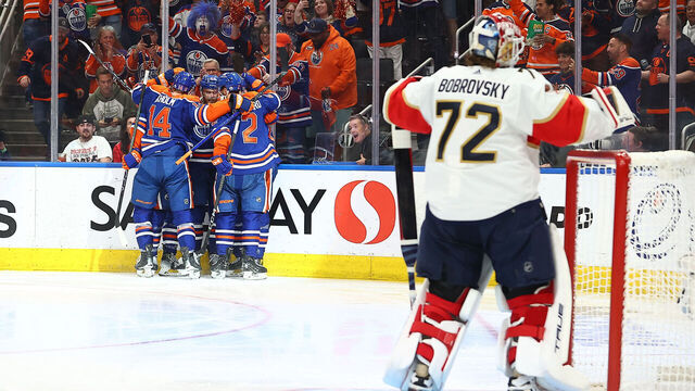 EDMONTON, AB - JUNE 15 : Edmonton Oilers Center Connor McDavid (97) scores a goal on Florida Panthers Goalie Sergei Bobrovsky (72) in the second period of game four of the Stanley Cup Final Round Edmonton Oilers game versus the Florida Panthers on June 15, 2024 at Rogers Place in Edmonton, AB.