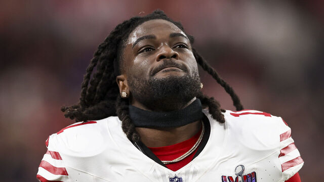 LAS VEGAS, NV - FEBRUARY 11: Brandon Aiyuk #11 of the San Francisco 49ers looks on during Super Bowl LVIII against the Kansas City Chiefs at Allegiant Stadium on February 11, 2024 in Las Vegas, NV.