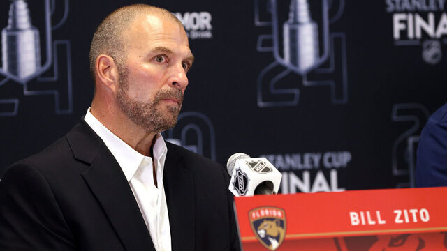 SUNRISE, FLORIDA - JUNE 07: General manager Bill Zito of the Florida Panthers speaks to the media during Media Day prior to the 2024 Stanley Cup Final at Amerant Bank Arena on June 07, 2024 in Sunrise, Florida.