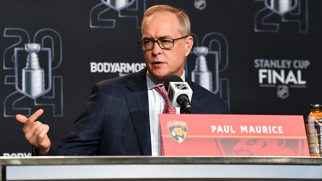 EDMONTON, CANADA - JUNE 15: Head coach Paul Maurice of the Florida Panthers addresses the media after his team's loss against the Edmonton Oilers in Game Four of the 2024 Stanley Cup Final at Rogers Place on June 15, 2024, in Edmonton, Alberta, Canada.