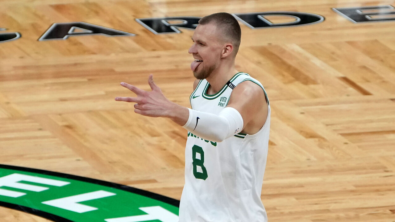 Boston, MA - June 6: Boston Celtics center Kristaps Porzingis reacts after scoring during the first quarter of Game 1 of the 2024 NBA Finals.
