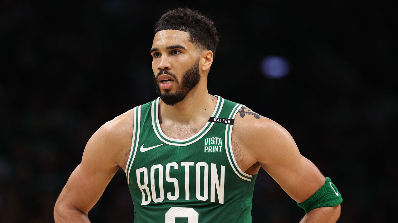 BOSTON, MASSACHUSETTS - JUNE 17: Jayson Tatum #0 of the Boston Celtics looks on during the second quarter of Game Five of the 2024 NBA Finals against the Dallas Mavericks at TD Garden on June 17, 2024 in Boston, Massachusetts.
