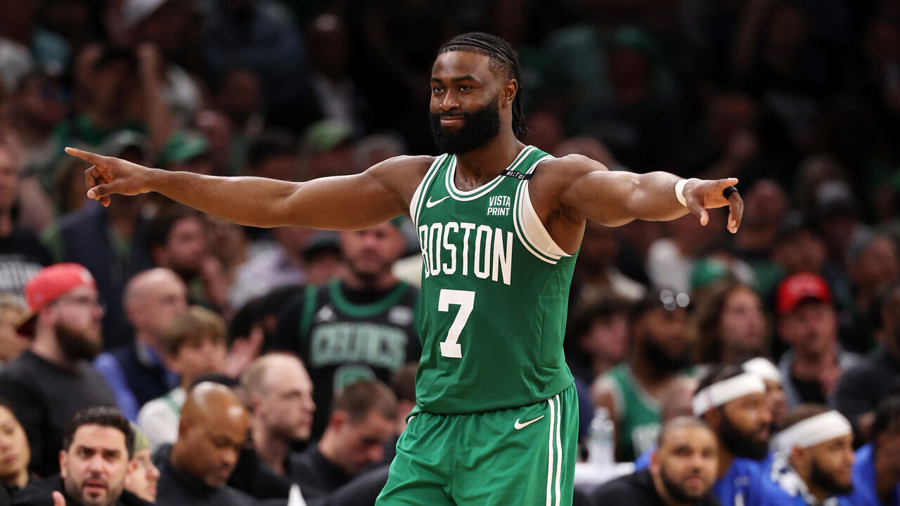 BOSTON, MASSACHUSETTS - JUNE 17: Jaylen Brown #7 of the Boston Celtics reacts after a play against the Dallas Mavericks during the fourth quarter of Game Five of the 2024 NBA Finals at TD Garden on June 17, 2024 in Boston, Massachusetts.