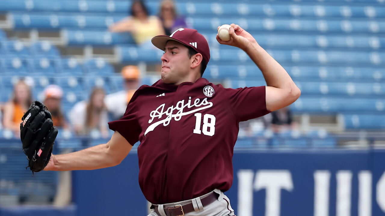 HOOVER, AL - MAY 23: Texas A&M Aggies pitcher Ryan Prager (18) during the 2024 SEC Baseball Tournament game between the Tennessee Volunteers and the Texas A&M Aggies on May 23, 2024 at the Hoover Metropolitan Stadium in Hoover, Alabama.