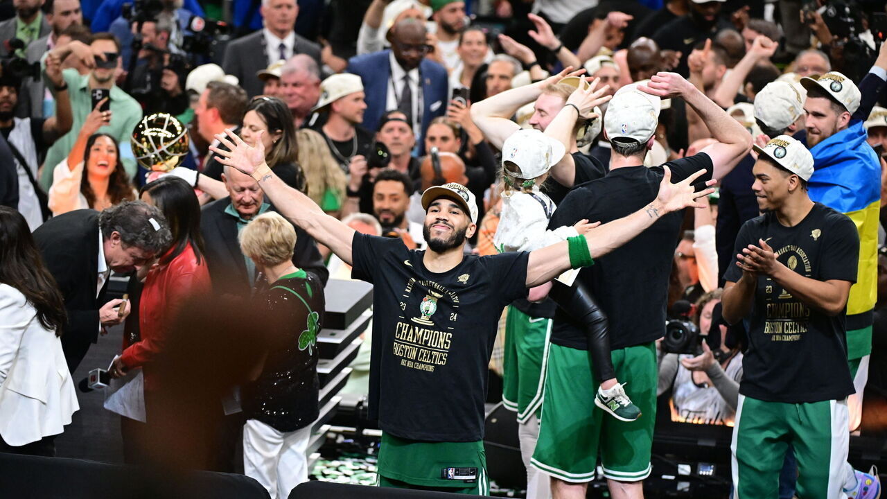 BOSTON, MA - JUNE 17: Jayson Tatum #0 of the Boston Celtics celebrates during the game against the Dallas Mavericks during Game Five of the 2024 NBA Finals on June 17, 2024 at the TD Garden in Boston, Massachusetts. Mandatory Copyright Notice: Copyright 2024 NBAE
