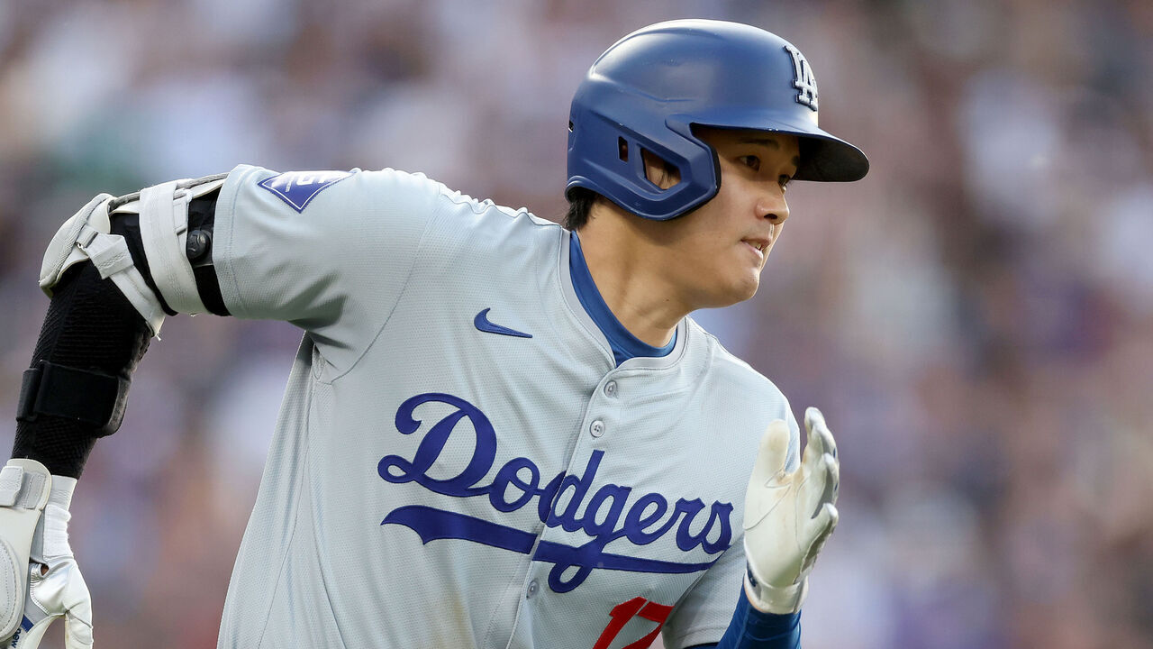 DENVER, COLORADO - JUNE 17: Shohei Ohtani #17 of the Los Angeles Dodgers hits a double against the Colorado Rockies in the fourth inning at Coors Field on June 17, 2024 in Denver, Colorado.