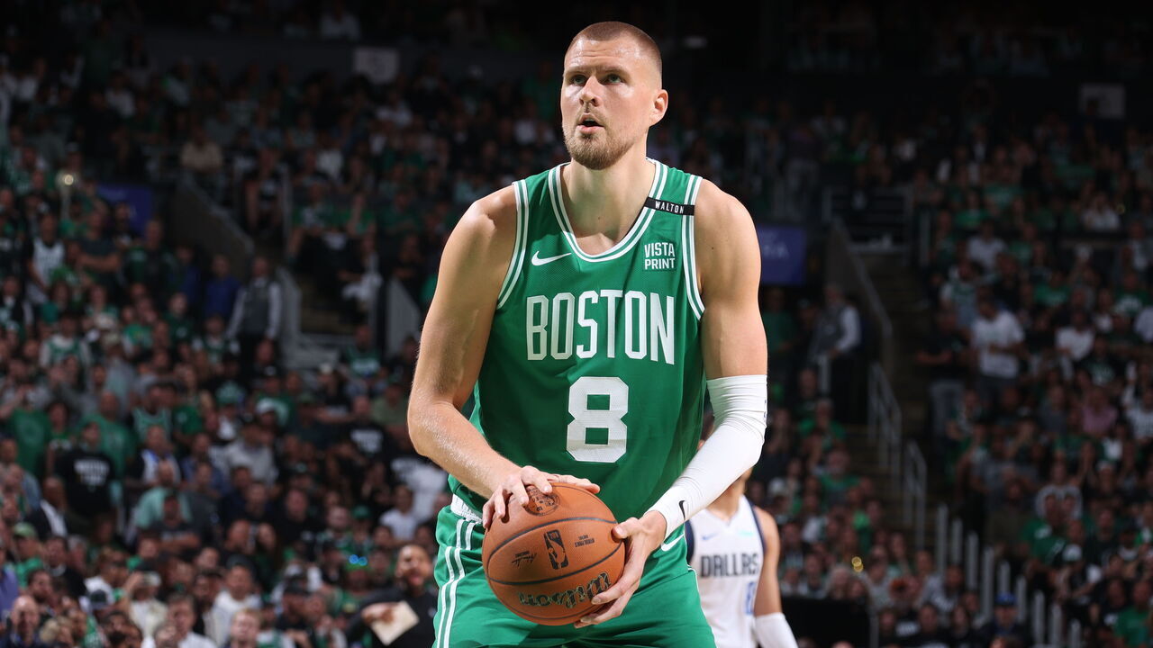BOSTON, MA - JUNE 17: Kristaps Porzingis #8 of the Boston Celtics shoots a free throw during the game against the Dallas Mavericks during Game 5 of the 2024 NBA Finals on June 17, 2024 at the TD Garden in Boston, Massachusetts. Mandatory Copyright Notice: Copyright 2024 NBAE