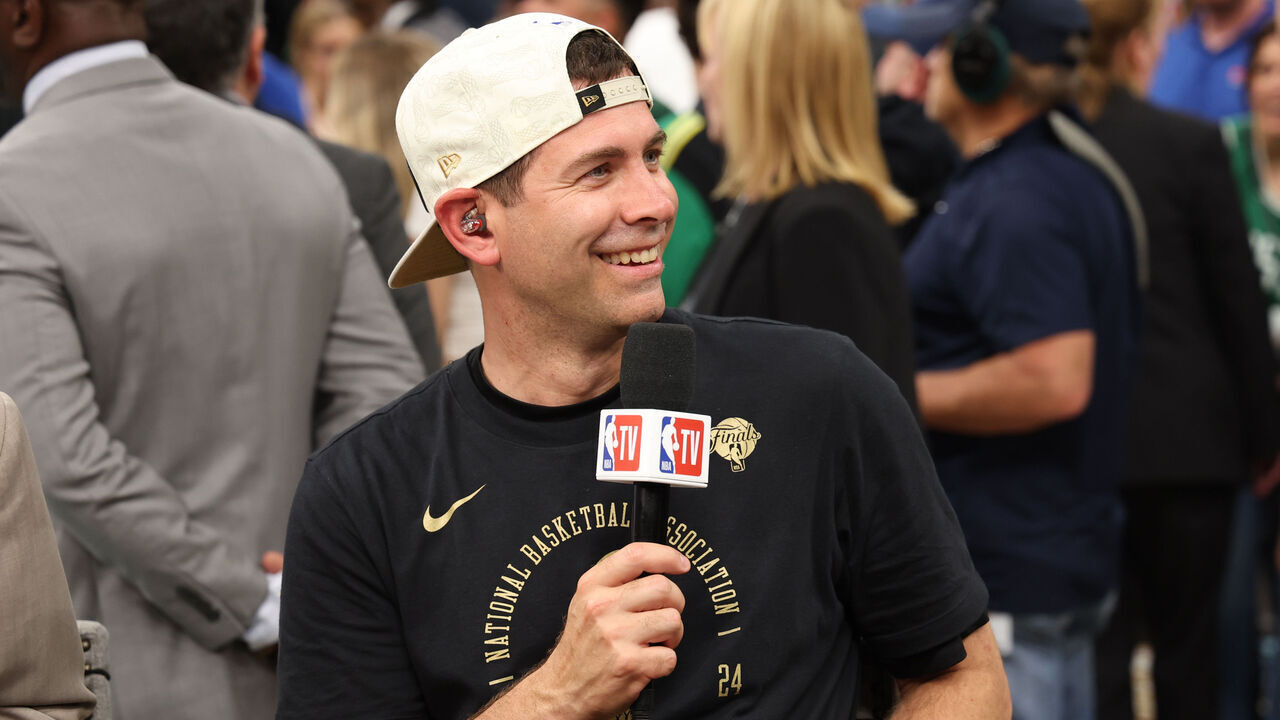 BOSTON, MA - JUNE 17: Brad Stevens of the Boston Celtics talks to the media after the game against the Dallas Mavericks during Game 5 of the 2024 NBA Finals on June 17, 2024 at TD Garden in Boston, Massachusetts. Mandatory Copyright Notice: Copyright 2024 NBAE