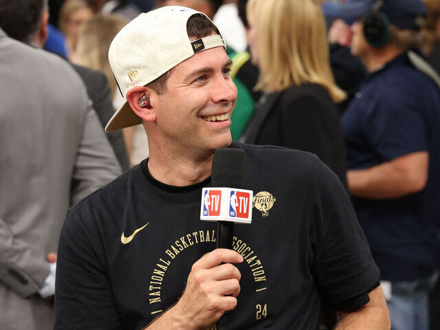 BOSTON, MA - JUNE 17: Brad Stevens of the Boston Celtics talks to the media after the game against the Dallas Mavericks during Game 5 of the 2024 NBA Finals on June 17, 2024 at TD Garden in Boston, Massachusetts. Mandatory Copyright Notice: Copyright 2024 NBAE