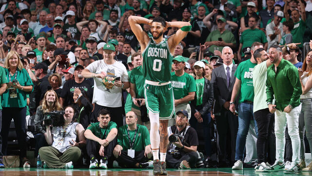 BOSTON, MA - JUNE 17: Jayson Tatum #0 of the Boston Celtics smiles during the game against the Dallas Mavericks during Game 5 of the 2024 NBA Finals on June 17, 2024 at the TD Garden in Boston, Massachusetts. Mandatory Copyright Notice: Copyright 2024 NBAE