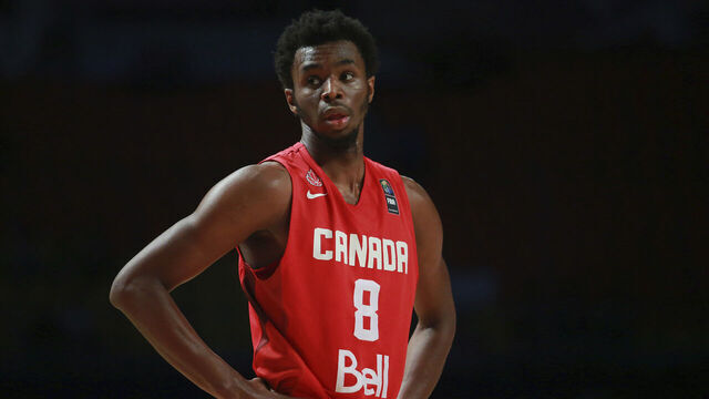 MEXICO CITY, MEXICO - SEPTEMBER 07: Andrew Wiggins of Canada looks on during a second stage match between Uruguay and Canada as part of the 2015 FIBA Americas Championship for Men at Palacio de los Deportes on September 07, 2015 in Mexico City, Mexico.