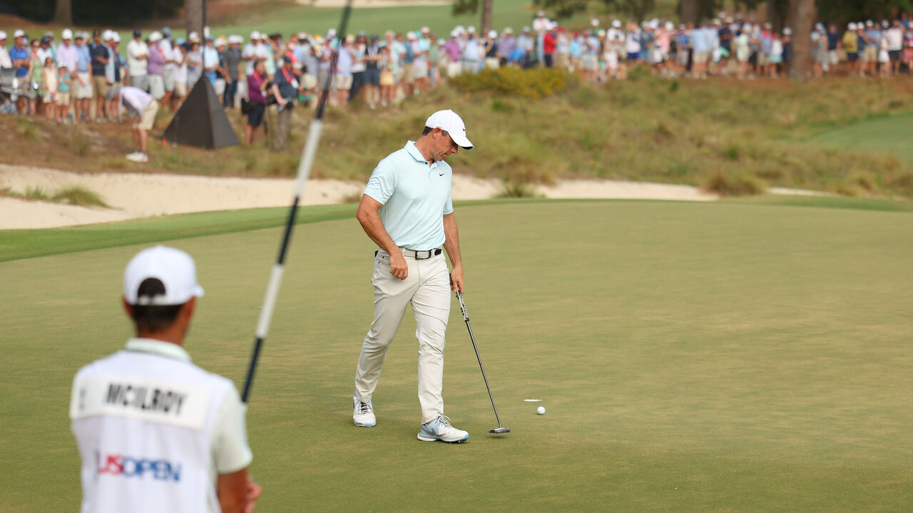 PINEHURST, NORTH CAROLINA - JUNE 16: Rory McIlroy of Northern Ireland reacts after missing a par putt on the 18th hole during the final round of the 124th U.S. Open at Pinehurst Resort on June 16, 2024 in Pinehurst, North Carolina.