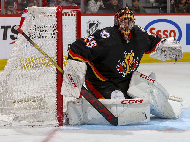 CALGARY, AB - APRIL 2: Jacob Markstrom #25 of the Calgary Flames in net against the Anaheim Ducks at Scotiabank Saddledome on April 2, 2024 in Calgary, Alberta, Canada.