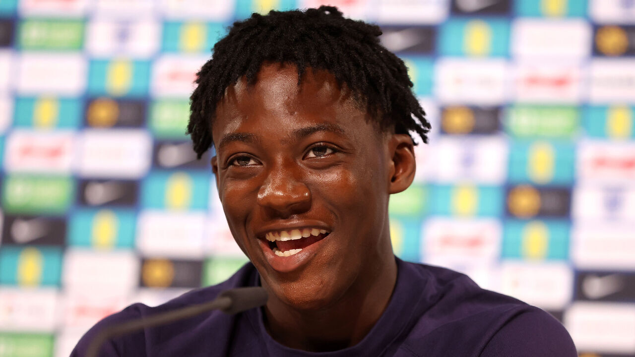BLANKENHAIN, GERMANY - JUNE 18: Kobbie Mainoo of England speaks to the media during a press conference at Spa & Golf Resort Weimarer Land on June 18, 2024 in Blankenhain, Germany.
