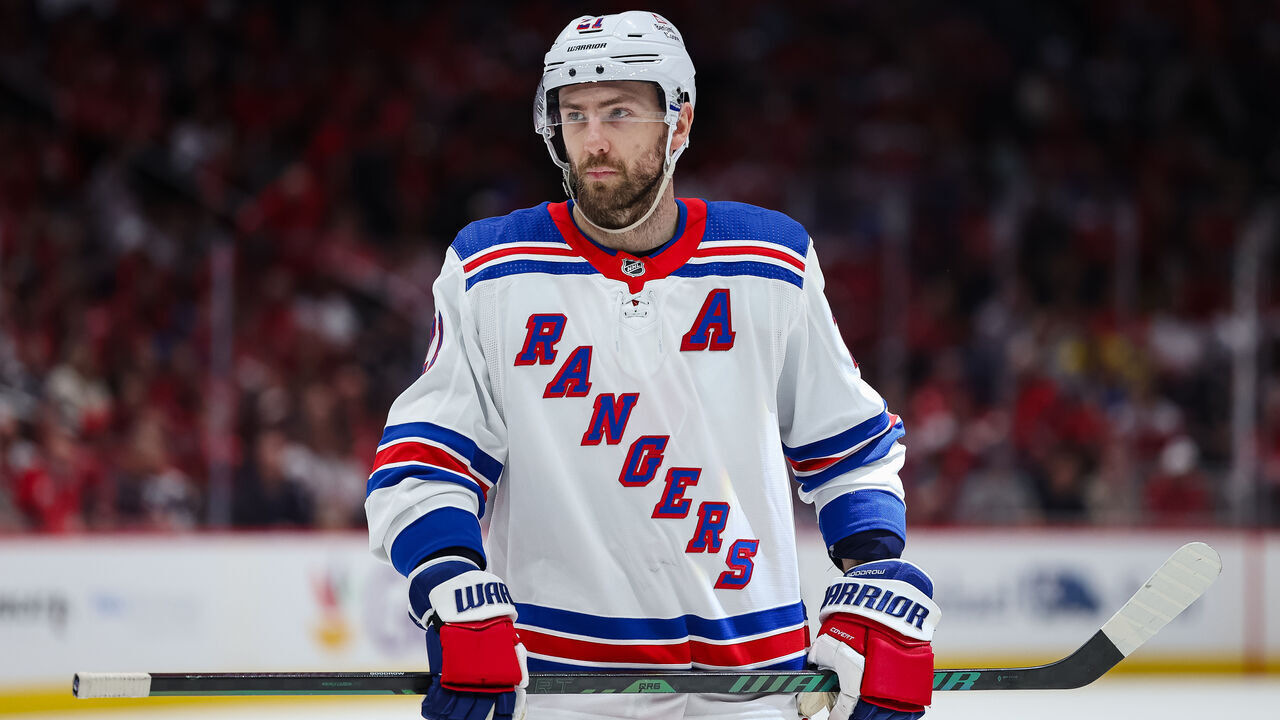 WASHINGTON, DC - APRIL 28: Barclay Goodrow #21 of the New York Rangers looks on against the Washington Capitals during the third period in Game Four of the First Round of the 2024 Stanley Cup Playoffs at Capital One Arena on April 28, 2024 in Washington, DC.