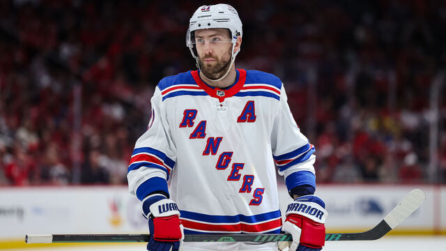 WASHINGTON, DC - APRIL 28: Barclay Goodrow #21 of the New York Rangers looks on against the Washington Capitals during the third period in Game Four of the First Round of the 2024 Stanley Cup Playoffs at Capital One Arena on April 28, 2024 in Washington, DC.