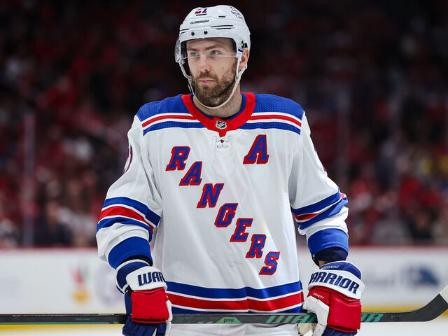 WASHINGTON, DC - APRIL 28: Barclay Goodrow #21 of the New York Rangers looks on against the Washington Capitals during the third period in Game Four of the First Round of the 2024 Stanley Cup Playoffs at Capital One Arena on April 28, 2024 in Washington, DC.