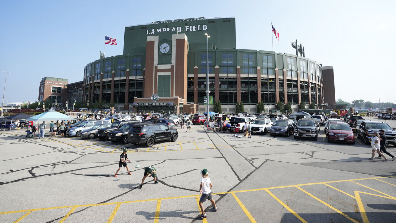 GREEN BAY, WISCONSIN - AUGUST 05: An exterior view of Lambeau Field during Packers Family Night at Lambeau Field on August 05, 2023 in Green Bay, Wisconsin.