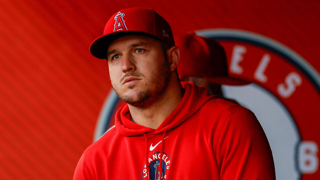 ANAHEIM, CALIFORNIA - MAY 29: Mike Trout #27 of the Los Angeles Angels looks on in the dugout during a game against the New York Yankees at Angel Stadium of Anaheim on May 29, 2024 in Anaheim, California.