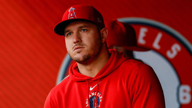 ANAHEIM, CALIFORNIA - MAY 29: Mike Trout #27 of the Los Angeles Angels looks on in the dugout during a game against the New York Yankees at Angel Stadium of Anaheim on May 29, 2024 in Anaheim, California.