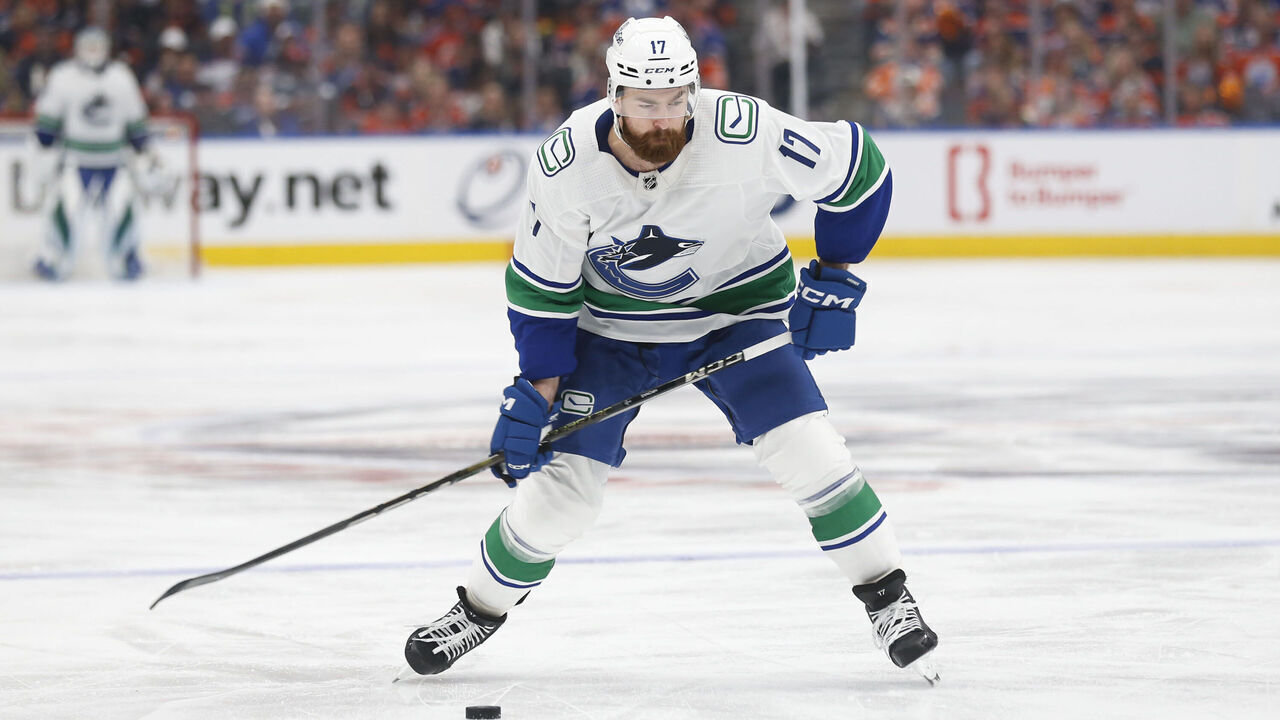 EDMONTON, CANADA - MAY 12: Filip Hronek #17 of the Vancouver Canucks skates against the Edmonton Oilers during the first period in Game Three of the Second Round of the 2024 Stanley Cup Playoffs at Rogers Place on May 12, 2024 in Edmonton, Canada.
