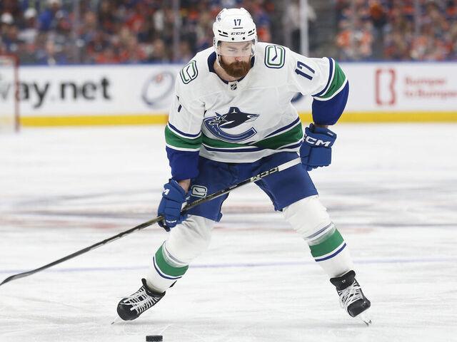 EDMONTON, CANADA - MAY 12: Filip Hronek #17 of the Vancouver Canucks skates against the Edmonton Oilers during the first period in Game Three of the Second Round of the 2024 Stanley Cup Playoffs at Rogers Place on May 12, 2024 in Edmonton, Canada.