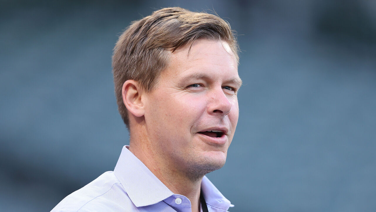 CHICAGO, ILLINOIS - SEPTEMBER 01: Newly-named senior vice president and general manager Chris Getz of the Chicago White Sox looks on during batting practice prior to the game against the Detroit Tigers at Guaranteed Rate Field on September 01, 2023 in Chicago, Illinois.