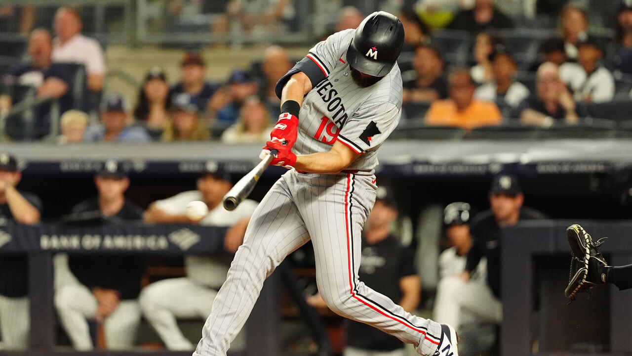 BRONX, NY - JUNE 06: Minnesota Twins Designated Hitter Alex Kirilloff (19) hits a double during the fifth inning of a Major League Baseball game between the Minnesota Twins and the New York Yankees on June 6, 2024, at Yankee Stadium in The Bronx, NY.