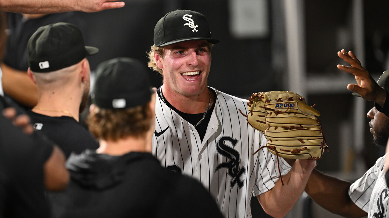 CHICAGO, IL - JUNE 18: Jonathan Cannon #48 of the Chicago White Sox is congratulated in the dugout after pitching eight and two thirds shutout innings against the Houston Astros at Guaranteed Rate Field on June 18, 2024 in Chicago, Illinois. Chicago defeated Houston 2-0.