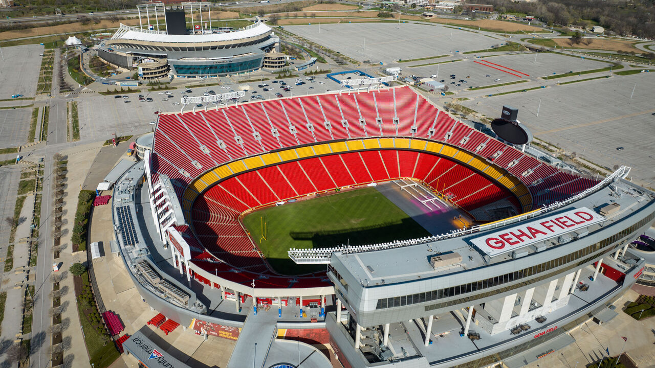 Kansas City, MO. - MARCH 30: GEHA Field at Arrowhead Stadium is the home of the Kansas City Chiefs and beyond it is Kauffman Stadium is the home of the Kansas City Royals and beyond it is .