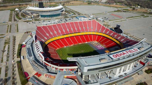 Kansas City, MO. - MARCH 30: GEHA Field at Arrowhead Stadium is the home of the Kansas City Chiefs and beyond it is Kauffman Stadium is the home of the Kansas City Royals and beyond it is .
