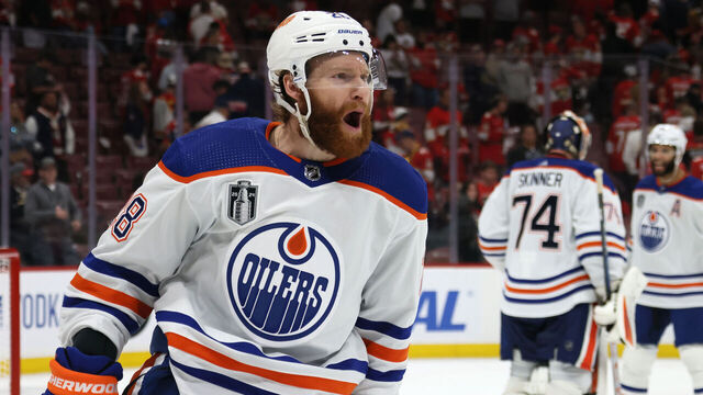 SUNRISE, FLORIDA - JUNE 18: Connor Brown #28 of the Edmonton Oilers celebrates winning in Game Five of the 2024 Stanley Cup Final against the Florida Panthers at Amerant Bank Arena on June 18, 2024 in Sunrise, Florida.