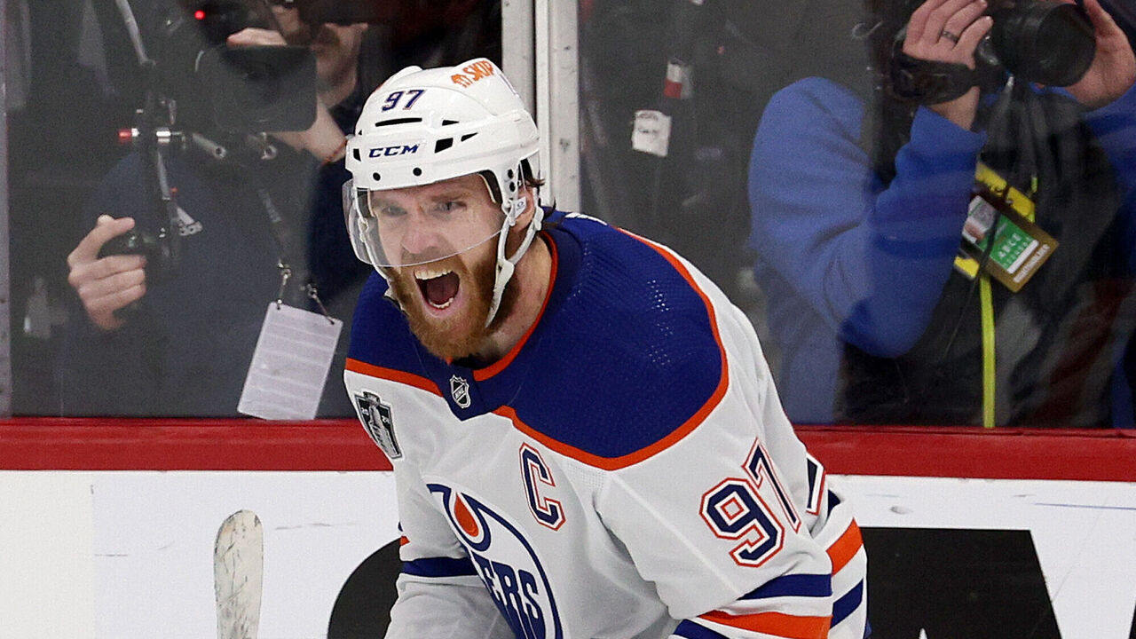 SUNRISE, FLORIDA - JUNE 18: Connor McDavid #97 of the Edmonton Oilers reacts after scoring an empty net goal during the third period against the Florida Panthers in Game Five of the 2024 Stanley Cup Final at Amerant Bank Arena on June 18, 2024 in Sunrise, Florida.