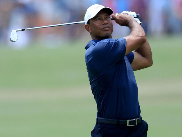 PINEHURST, NORTH CAROLINA - JUNE 14: Tiger Woods of The United States plays his second shot on the first hole during the second round of the 2024 U.S. Open on The No.2 Course at The Pinehurst Resort on June 14, 2024 in Pinehurst, North Carolina.