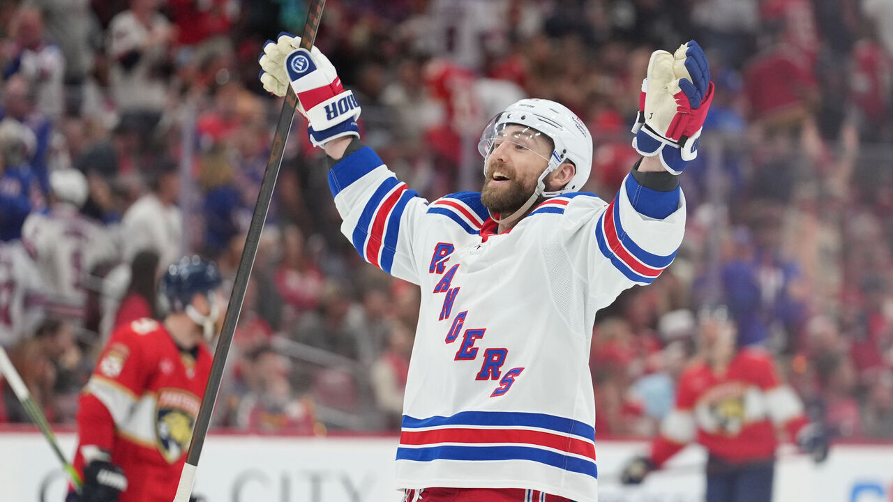 SUNRISE, FL - MAY 26: New York Rangers center Barclay Goodrow (21) celebrates an overtime goal during game three of the Eastern Conference Finals between the New York Rangers and the Florida Panthers on Sunday, May 26, 2025 at Amerant Bank Arena in Sunrise, Fla.